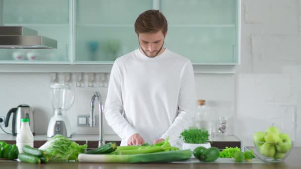 Υγιεινά τρόφιμα, νεαρό ζευγάρι ετοιμάζει μια σαλάτα στην κουζίνα, άνδρας και γυναίκα κόβει βότανα και πράσινα λαχανικά για να κάνει μια υγιεινή σαλάτα. — Αρχείο Βίντεο