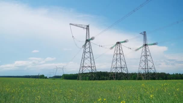 Trasporto di energia elettrica, linea elettrica, visione industriale sulla linea di trasmissione elettrica in campo colza, torri in acciaio con fili e comunicazione di alimentazione elettrica in campagna. — Video Stock