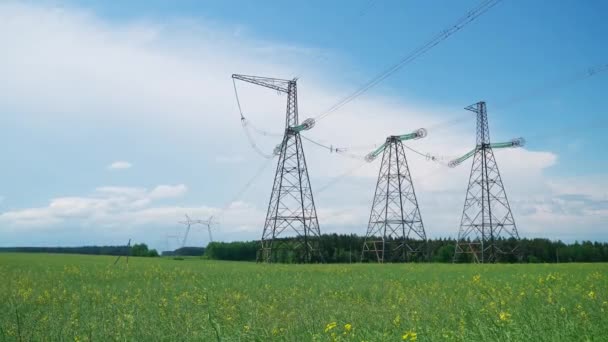 Transport d'électricité, ligne électrique, vue industrielle sur la ligne de transmission électrique dans le champ de colza, tours en acier avec fils et communication de l'alimentation électrique dans les campagnes. — Video