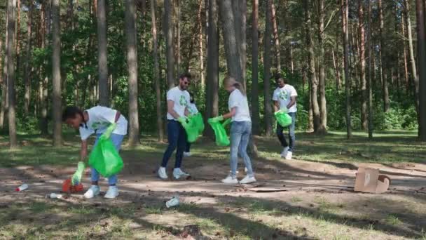 Eco-ativistas e voluntários limpam lixo na floresta, lutam contra a poluição plástica da natureza, pessoas de diferentes raças e idades limpam lixo na floresta, cuidam da natureza. — Vídeo de Stock
