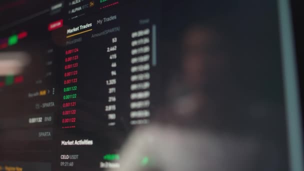 Cryptocurrency trading, giovane trader che lavora con gli scambi finanziari in un ufficio moderno, riflessione sullo schermo, cryptocurrency business, broker al lavoro. — Video Stock