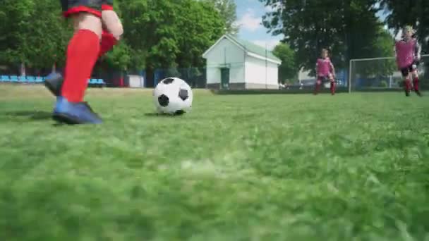 Bir grup genç çocuk futbol oynuyor, futbol sahasında antrenman yapıyor, çocuk gol atamıyor.. — Stok video