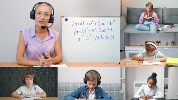 Multiscreen, tonåring barn i hemmet utbildning, hemundervisning online genom videosamtal, videokonferens med lärare och grundskoleelever under en pandemi i karantän, matematik lektion om sig själv — Stockvideo