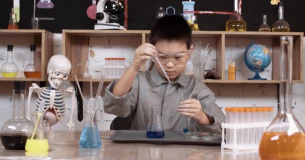Iskola, laboratóriumi tapasztalat egy kémia leckében, ázsiai fiú védőszemüvegben kék folyadékot önt egy flaskába, modern oktatás az iskolában, a fiú ránéz a folyadék csövére. — Stock videók