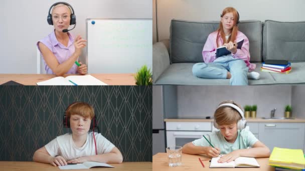 Multiscreen, teen childrens at home education, homeschooling online by video call, video conference with teacher and primary school students during a pandemic in quarantine, math lesson on self — Stock Video