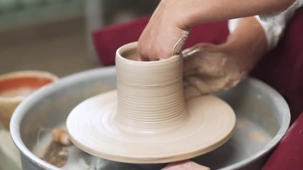 Produzione di stoviglie fatte a mano, il vasaio fa una brocca di argilla, vista da vicino delle mani, artigianato, laboratorio di ceramica. — Video Stock