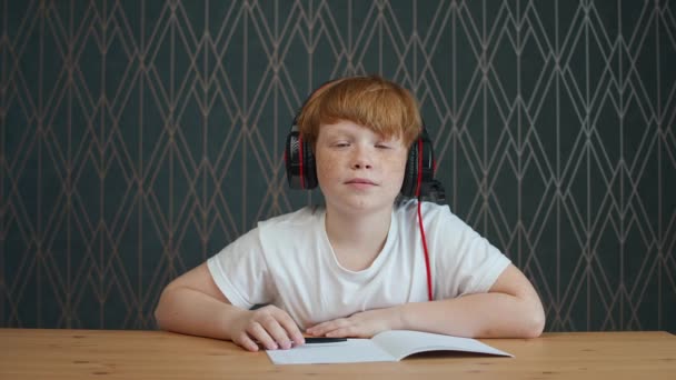 Distance learning online by videocall, red-haired teen boy sitting at workplace in living room and uses a webcam to study in self-isolation at home, the boy writes in a notebook. — Stock Video