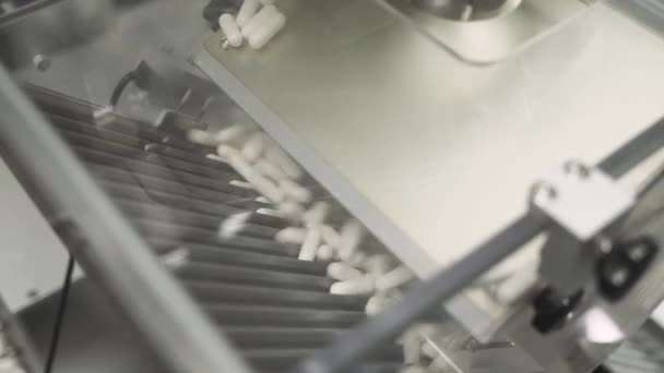 Produktion von Arzneimitteln und Medikamenten, große Anzahl von Kapseln in Bewegung, weiße Tabletten auf dem Band, Produktionslinie. — Stockvideo