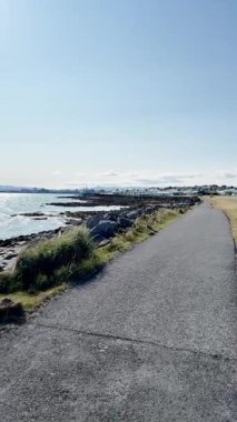 Walking along the rocky Iceland coast, beautiful view of the sea and village on the horizon, first-person view, UGC, Iceland landscape.