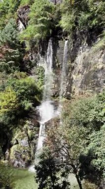 Eriyen buzullar, dağın tepesinden gelen şelale, Himalaya dağlarının eteklerindeki yeşil vadi, su akıntısı manzarası..