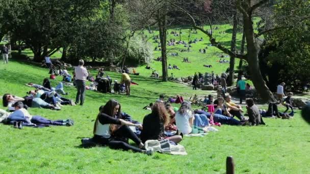 Mensen hebben een rust in parc des buttes-chaumont in Parijs — Stockvideo