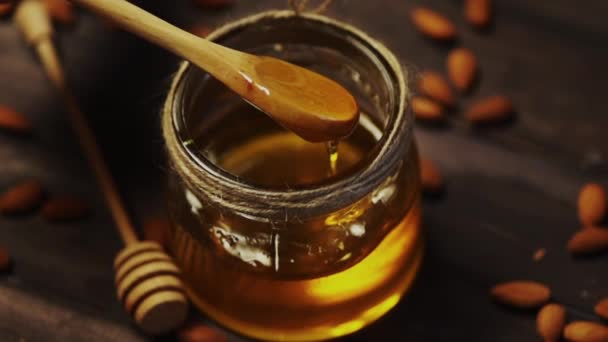 Miel y frutos secos en cámara lenta — Vídeo de stock