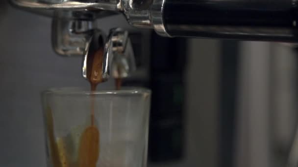 Espressomachine maakt espresso en giet het in een klein kopje in slow motion — Stockvideo