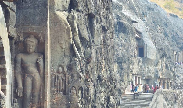 Carvings at ajanta caves unesco world heritage site in mumbai ,maharashtra ,india