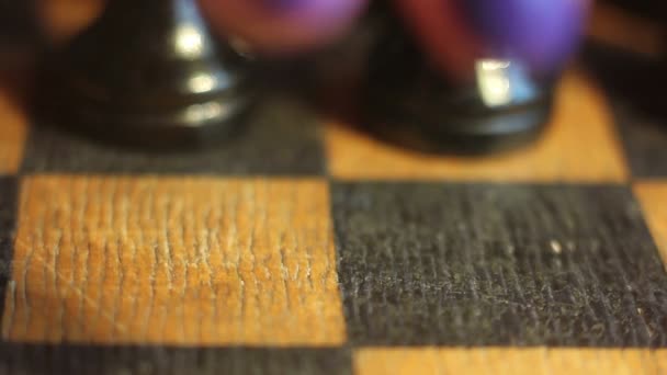 Playing Chess Game on Retro Board Close up — Stock Video