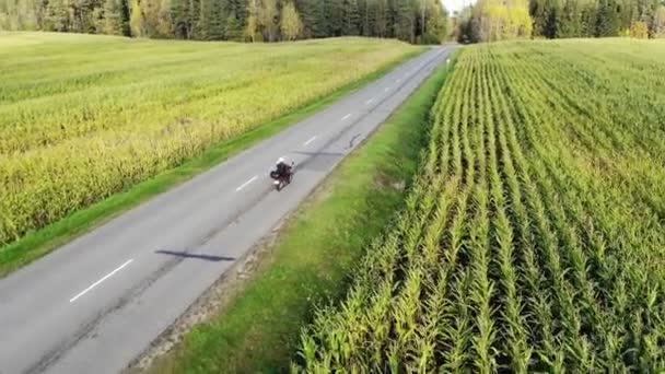 Moto guida su strada di campagna al tramonto, bella avventura riprese di viaggio da drone, top — Video Stock