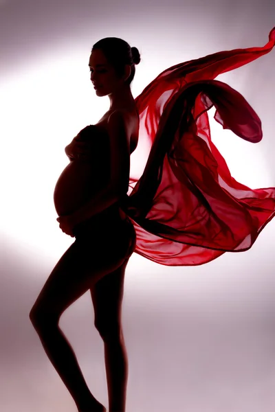 Body contour of pregnant woman in flying tissues — Stock Photo, Image