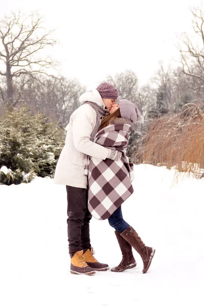 Couple heureux en amour baisers dans le parc en hiver — Photo