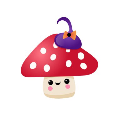 Sonbahar Cadılar Bayramı Kawaii vektör tasarımı ve cadı şapkası içinde şirin bir mantar. Çocuklar için illüstrasyon, kutlama, ağ, baskı, vs.. 