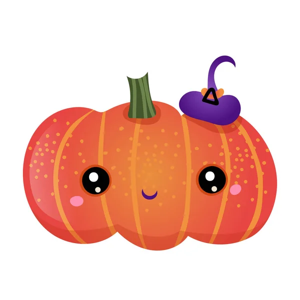 Herbst-Halloween-Kawaii-Vektor-Design mit niedlichem Kürbis mit Hut. Illustration für Kinder, Feier, Web, Print, etc. — Stockvektor