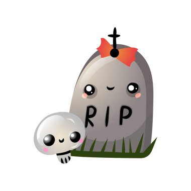 Sonbahar Cadılar Bayramı Kawaii vektör tasarımı ve şirin bir mezar taşı. Çocuklar için illüstrasyon, kutlama, ağ, baskı, vs.. 