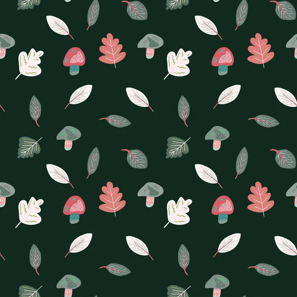 Бесшовный векторный рисунок в зеленых осенних цветах с грибами, листьями и т.д. Обои, скрапбукинг, текстиль и другой дизайн поверхности. — стоковый вектор