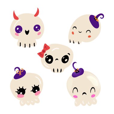 Sonbahar Cadılar Bayramı Kawaii vektör tasarımı ve beş kafatası seti. Çocuklar için illüstrasyon, kutlama, ağ, baskı, vs.. 