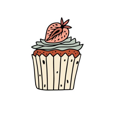 Cupcake doodle el çizimi vektör çizimi boho renklerinde. Ağ ve yazdırma için izole vektör tasarımı. 