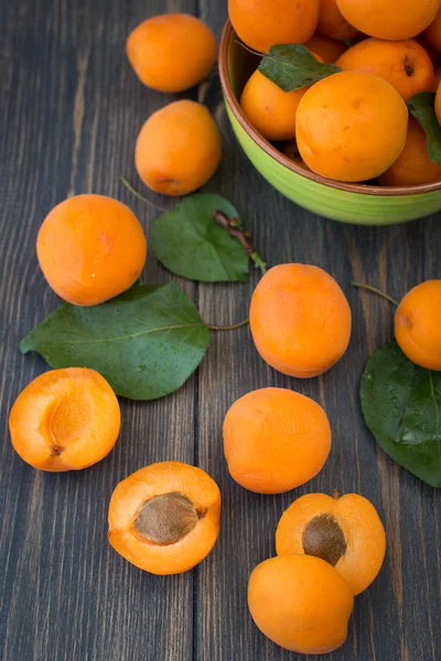 Bunte Aprikosen mit grünen Blättern — Stockfoto