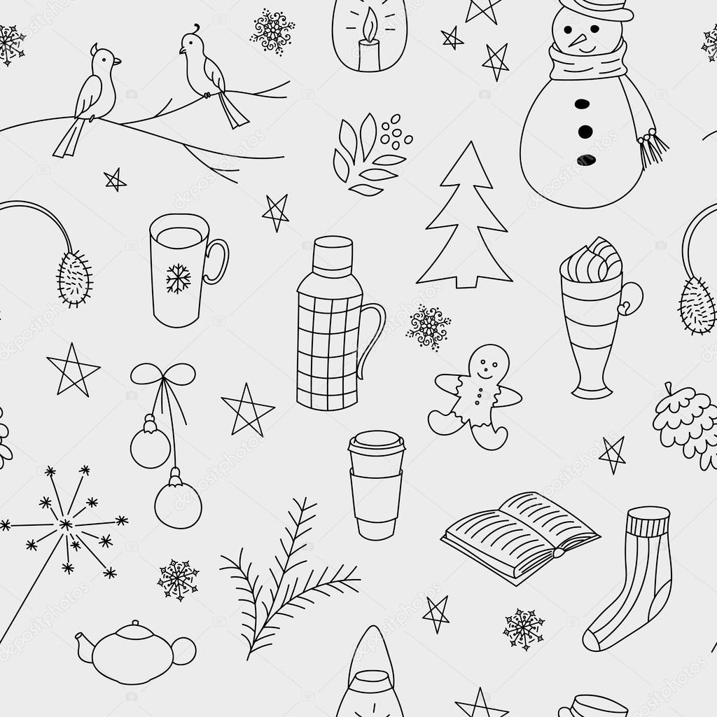 winter doodles hand drawn seamless pattern stock vector christmas tree teapot