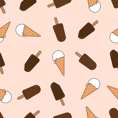 Vektör dikişsiz vanilyalı dondurma deseni. Karikatür retro vanilya ve çikolatalı dondurma deseni. Pembe arka planda dondurma.