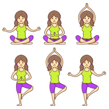 Vektör çeşitli farklı yoga pozlar egzersiz güzel karikatür kadın ile ayarlayın. Fitness pozlar. Çizgi film yogası. Yoga pozlar kız rahatlama. Kız rahatla. Sağlık kız.