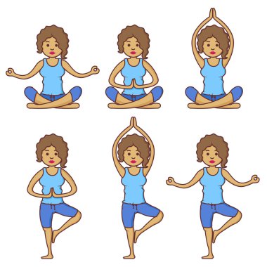 Vektör çeşitli farklı yoga pozlar egzersiz güzel karikatür kadın ile ayarlayın. Fitness pozlar. Çizgi film yogası. Yoga pozlar kız rahatlama. Kız rahatla. Sağlık kız.