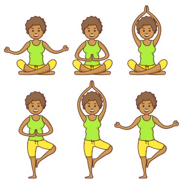 Vektör çeşitli farklı yoga pozlar egzersiz güzel karikatür kadın ile ayarlayın. Fitness pozlar. Çizgi film yogası. Yoga pozlar kız rahatlama. Kız rahatla. Sağlık kız.