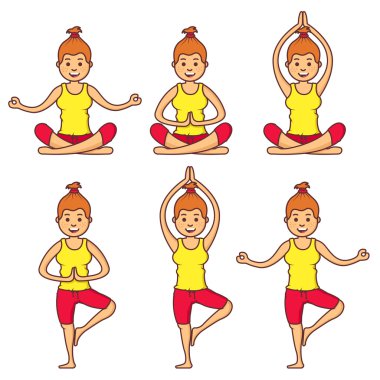 Vektör çeşitli farklı yoga pozlar egzersiz güzel karikatür kadın ile ayarlayın. Fitness pozlar. Çizgi film yogası. Yoga pozlar kız rahatlama. Kız rahatla. Sağlık kız.