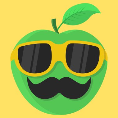 Vektör yeşil elma karikatür. Gözlüklü elma. Bıyıklı elma. Elma Moda. Elma izole edilmiş. Apple simgesi.