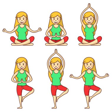 Vektör çeşitli farklı yoga pozlar egzersiz güzel karikatür kadın ile ayarlayın. Fitness pozlar. Çizgi film yogası. Yoga pozlar kız rahatlama. Kız rahatla. Sağlık kız.