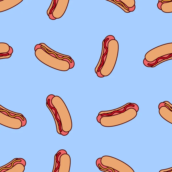 Vektor nahtlose Muster mit Hot Dog. Hot Dog mit Senf und Ketchup nahtlos Hintergrund. Cartoon Retro Hot Dog auf blauem Hintergrund. — Stockvektor