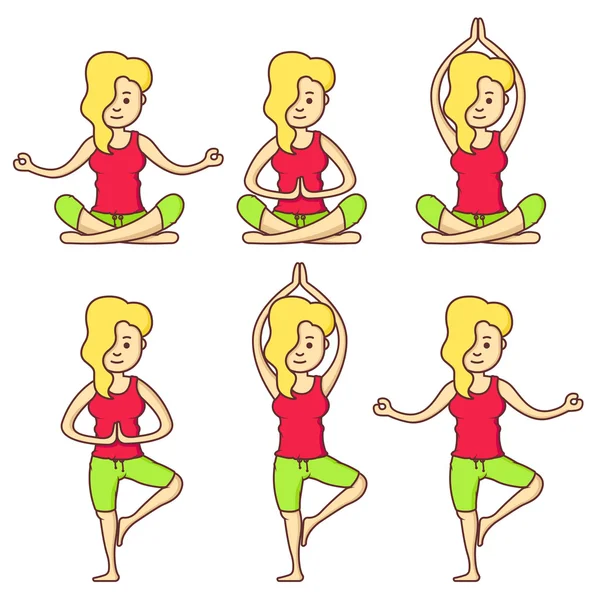 Conjunto de vetores com bela mulher dos desenhos animados exercendo várias poses de ioga diferentes. poses de aptidão. Yoga dos desenhos animados. Relaxamento menina em poses de ioga. Relaxa. Menina de saúde . — Vetor de Stock