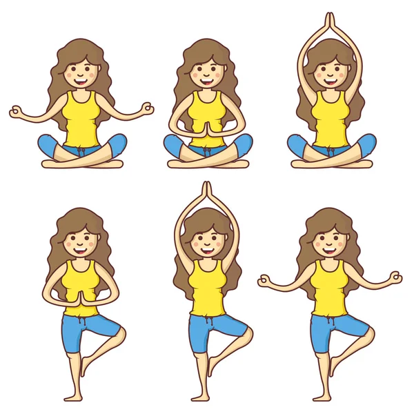 Векторный набор с красивой мультяшной женщиной, осуществляющей различные позы йоги. Позы для фитнеса. Карикатурная йога. Девушка расслабляется в позах йоги. Расслабься. Девушка здоровья . — стоковый вектор