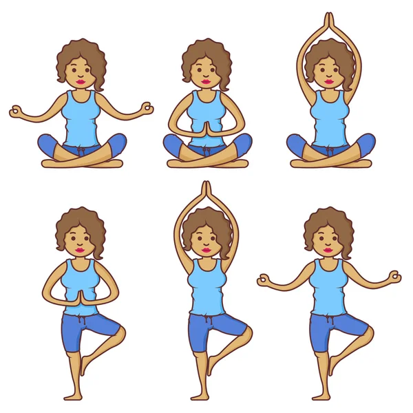 Vektör çeşitli farklı yoga pozlar egzersiz güzel karikatür kadın ile ayarlayın. Fitness pozlar. Çizgi film yogası. Yoga pozlar kız rahatlama. Kız rahatla. Sağlık kız.