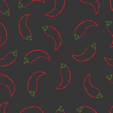 Vektör dikişsiz desen el çizilmiş fırça hattı siyah arka plan üzerinde kırmızı biber biber