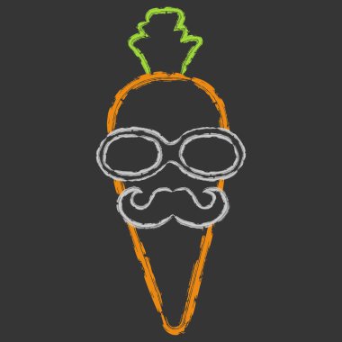 Vektör elle çizilmiş fırça hat renk havuç kısa kuyruğu, bıyık ve siyah arka plan üzerine gözlük ile