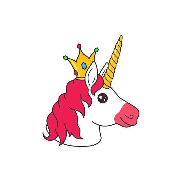 Lucu Kartun Fantasi Kepala Unicorn Dengan Putri Mahkota Vektor Stiker - Stok Vektor