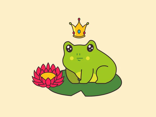 Cartoon Cute Princess Frog Gold Crown Sitting Water Lily Leaf — Stock Vector