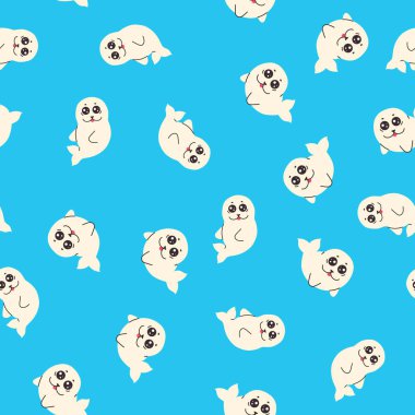 Kusursuz desenli, mavi arka planda komik bebek foku.