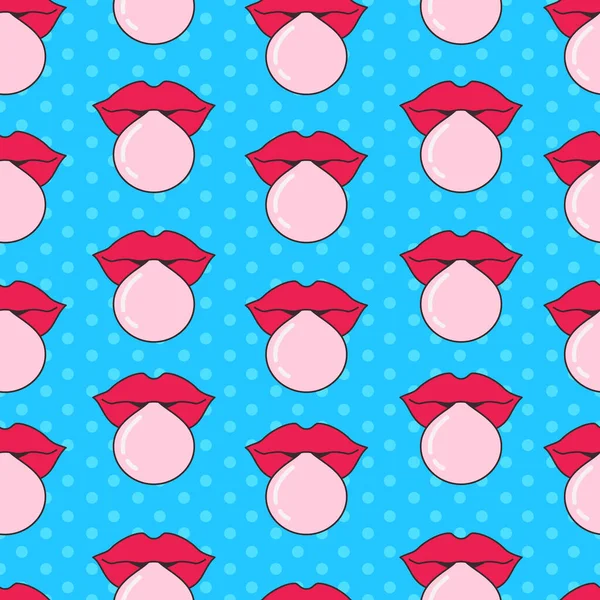 蓝调背景下带粉红唇和泡泡糖的无缝图案 — 图库矢量图片