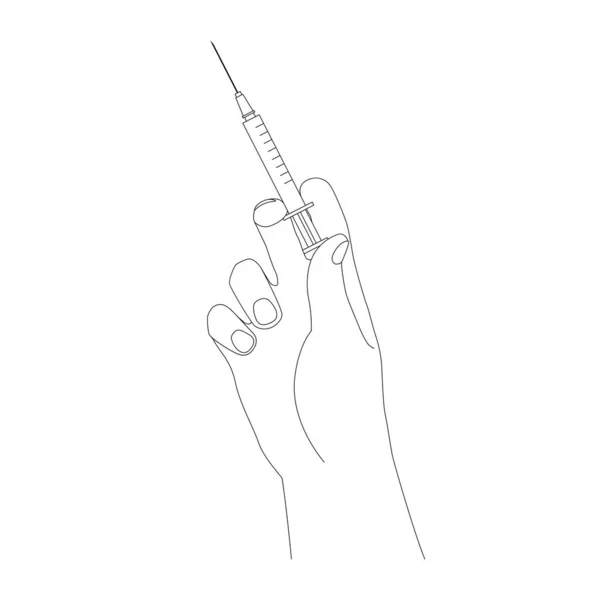 Hand Holding Medical Syringe Medication Line Style Vector Illustration — Stock Vector
