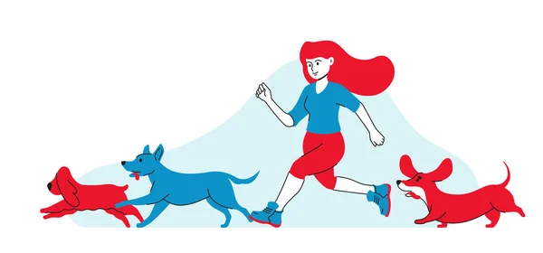 Fille Court Avec Les Chiens Femme Dans Sport Avec Les — Image vectorielle