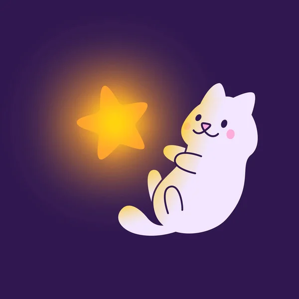 Space Cute Cat Glowing Star — Stock Vector